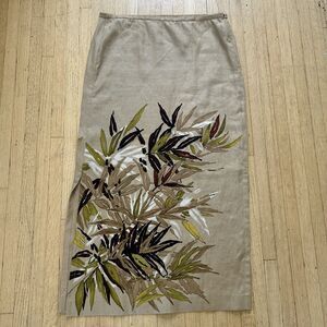 Dana Buchman 100% Linen Midi Skirt (Maxi) Tropical Leaves Tan Coastal Boho Sz 8